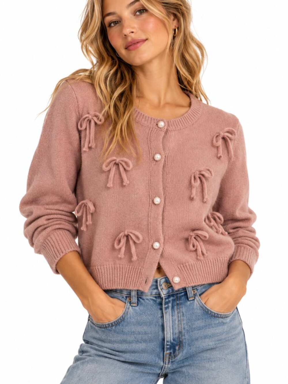 Luna Ivy Anthropologie Pink 3D Bow Pearl Button Cropped Cardigan Sweater S NWT